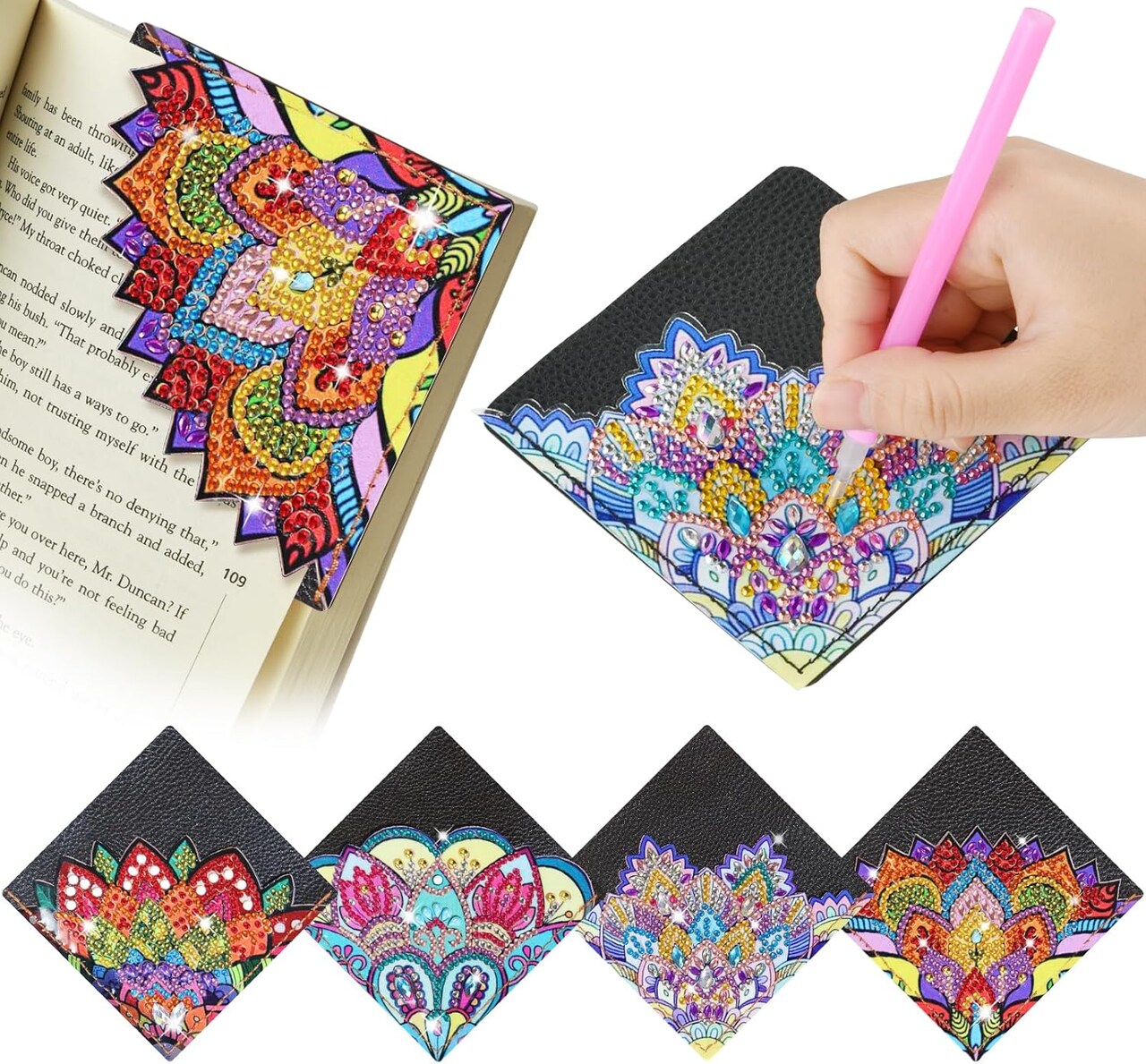 4 Pieces Diamond Art Painting Bookmarks 5D Diamond Art Bookmarks for Book Lovers DIY Mandala Triangle Making Corner Bookmark for Home Office School Class Project